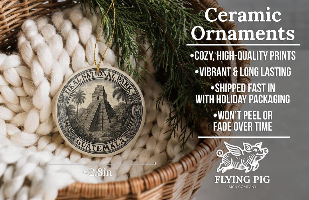 Ceramic ornaments, featuring a detailed image of the Mayan pyramid at the Dokal National Park in Guatemala, are displayed in a woven basket.