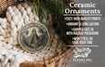 Ceramic ornaments, featuring a detailed image of the Mayan pyramid at the Dokal National Park in Guatemala, are displayed in a woven basket.