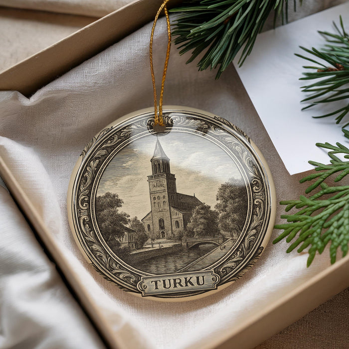 A decorative ornament featuring a church with a steeple, displayed in a box with pine branches.