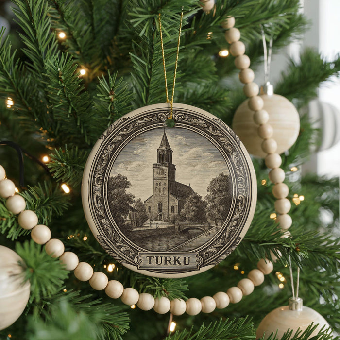 A Christmas tree decorated with ornaments, including a circular ornament with a picture of a church and the word "TURku" on it.