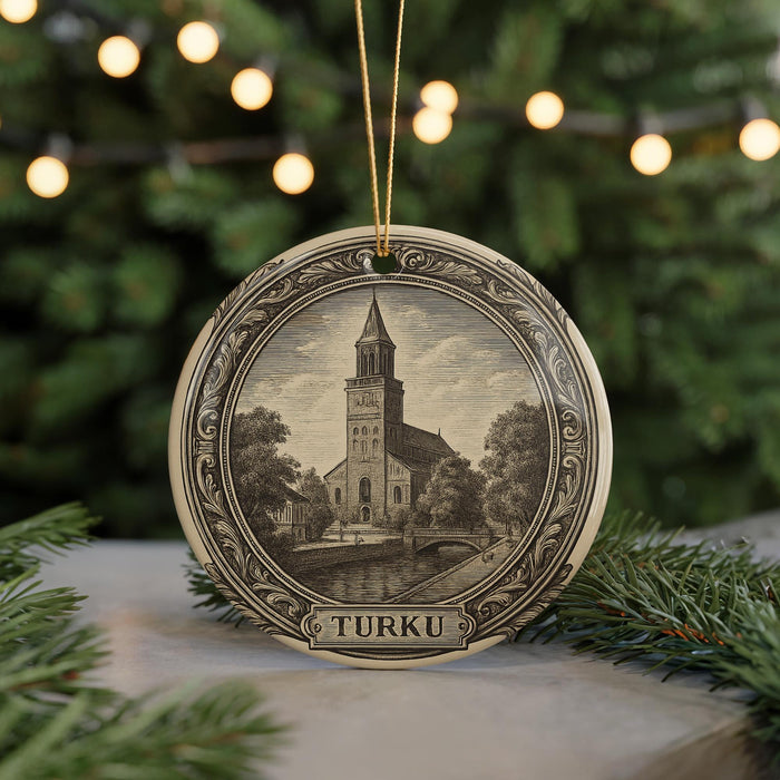 A decorative ornament featuring a detailed illustration of a church with a steeple, surrounded by trees and a bridge, with the word "TURku" written below the image.