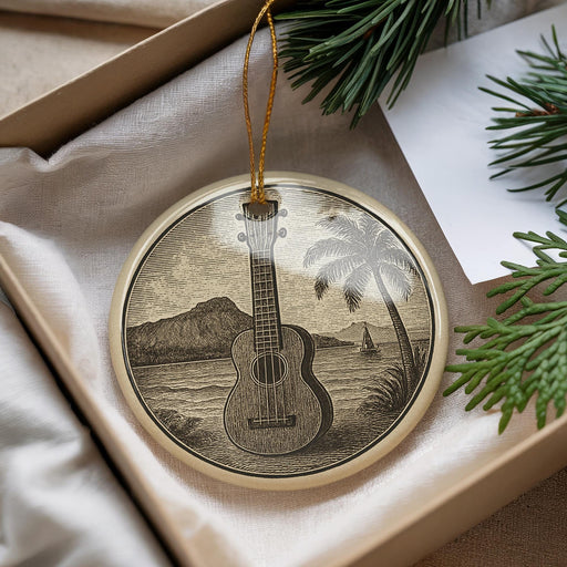 A decorative ornament featuring a guitar and a tropical landscape, placed in a box with pine branches.
