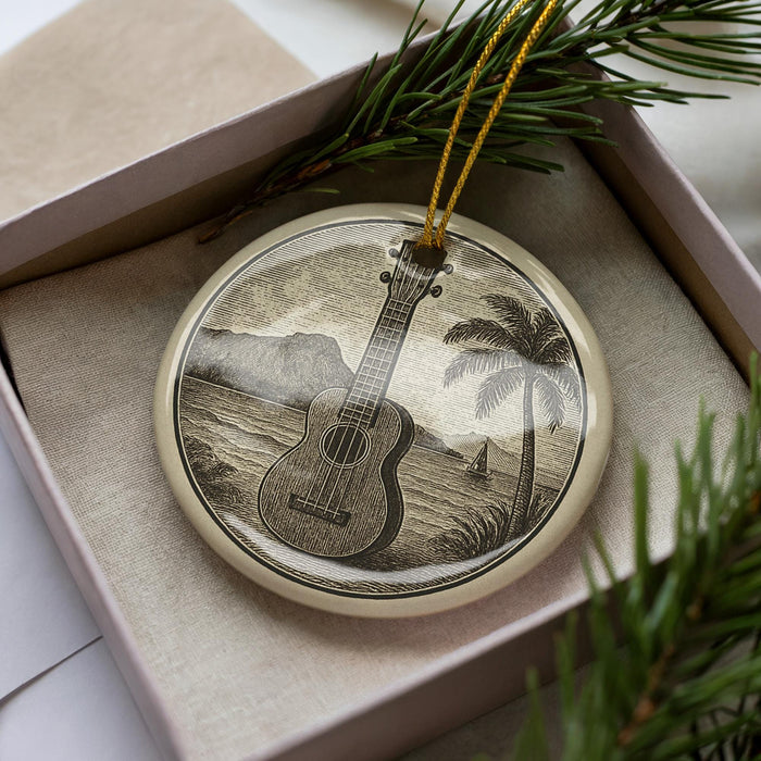 A decorative ornament in a box, featuring a guitar and a tropical landscape.