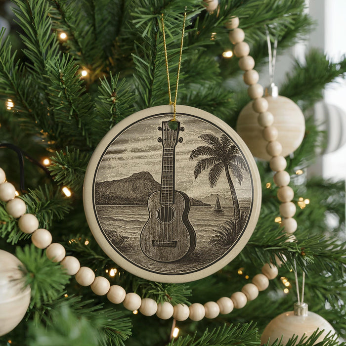 A Christmas tree decorated with a circular ornament featuring a guitar and a palm tree, surrounded by beaded ornaments and twinkling lights.