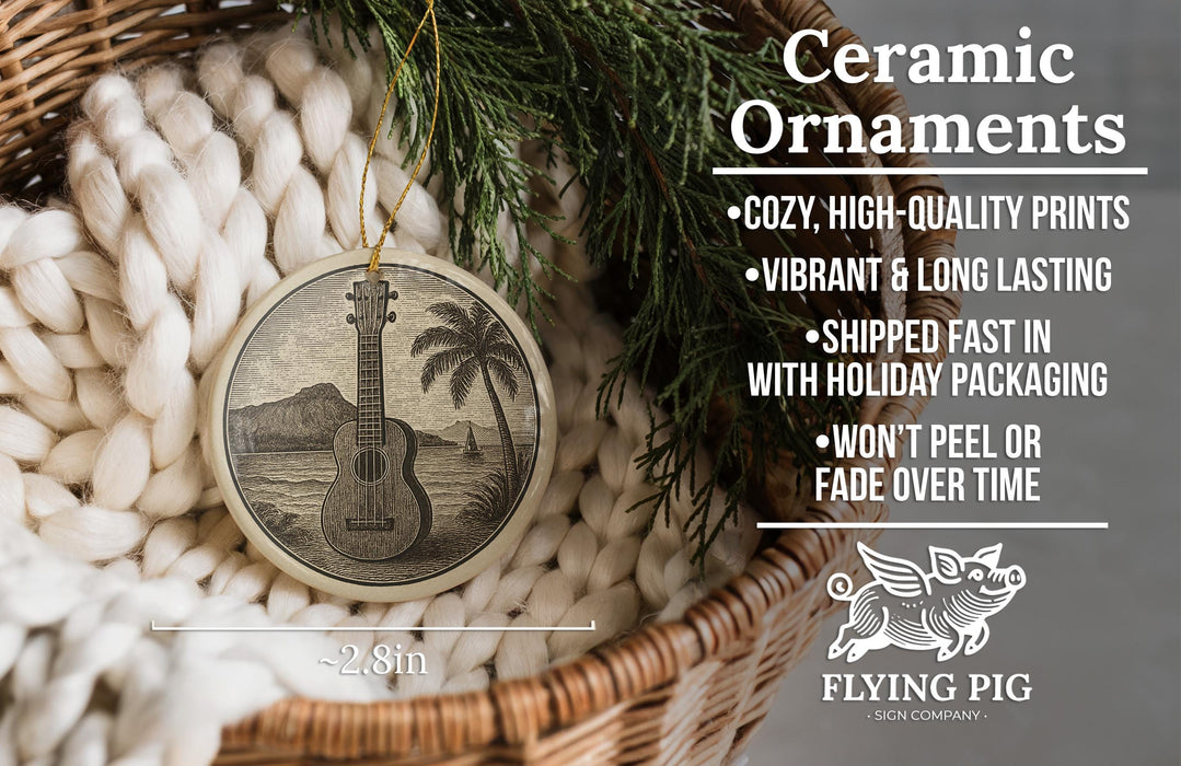Ceramic ornaments, featuring a guitar and palm tree design, are displayed in a woven basket.