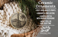 Ceramic ornaments, featuring a guitar and palm tree design, are displayed in a woven basket.