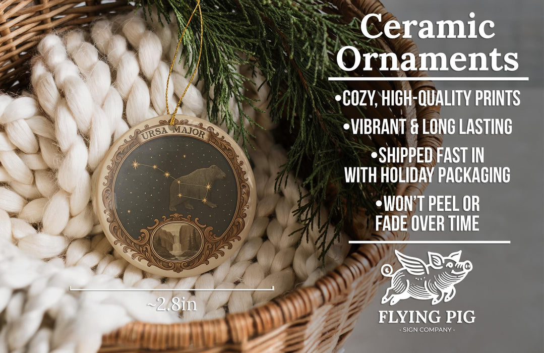 Ceramic ornaments, featuring a starry night sky design, are displayed in a woven basket.