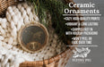 Ceramic ornaments, featuring a starry night sky design, are displayed in a woven basket.