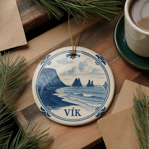 A decorative ornament featuring a blue and white design depicting a coastal landscape with mountains, placed on a wooden surface next to a cup of coffee and some pine branches.