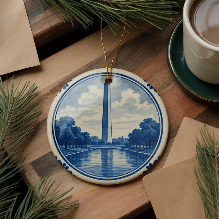 A decorative ceramic ornament featuring the Washington Monument, a tall obelisk, is displayed on a wooden surface alongside a cup of coffee and some pine branches.