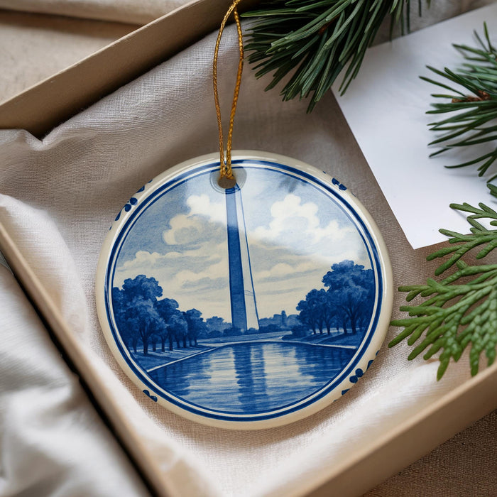 A decorative ornament in the shape of a blue and white design, featuring a tall structure surrounded by trees and a body of water, is displayed in a box with pine branches.