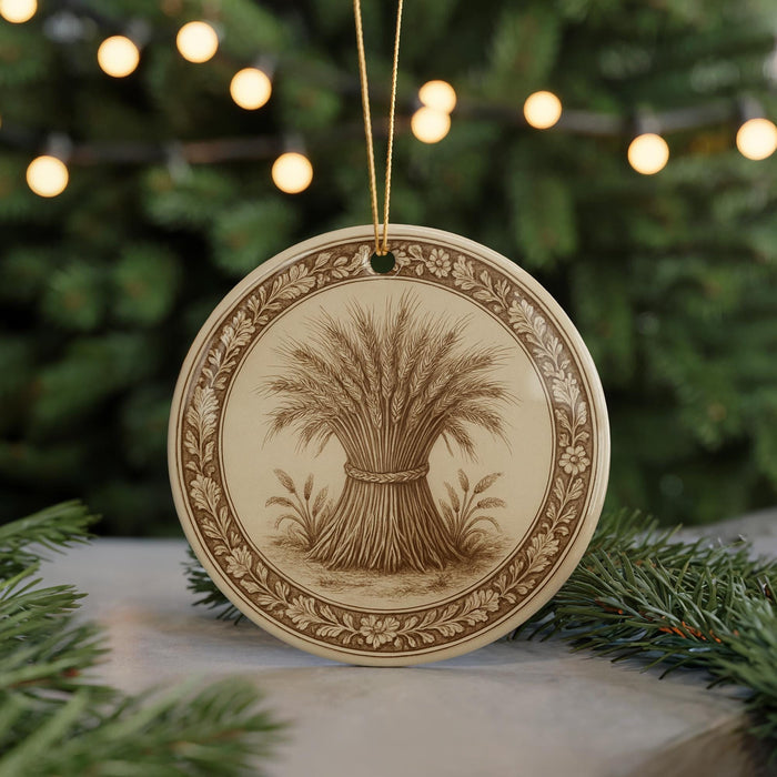 A round ornament with a wheat field design is hanging from a string, surrounded by pine branches and twinkling lights in the background.