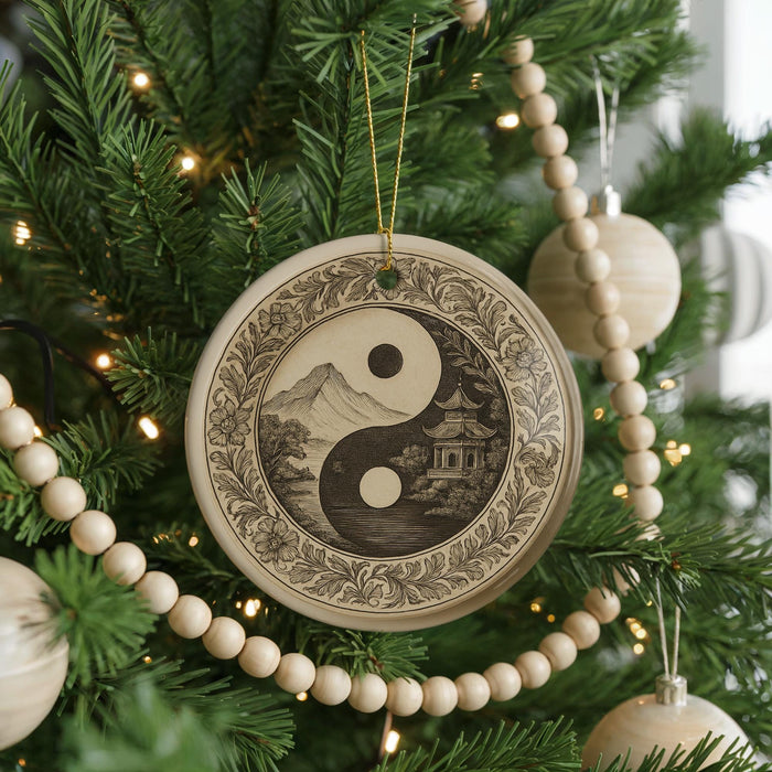 A decorative ornament with a yin and yang symbol is hanging on a Christmas tree, surrounded by other ornaments and lights.