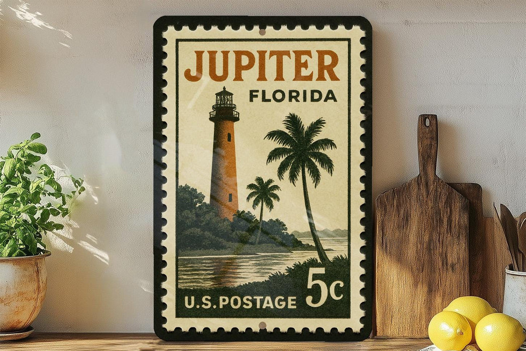 A vintage postage stamp from Jupiter, Florida, featuring a lighthouse and palm trees, is displayed on a shelf next to a wooden cutting board and a potted plant.