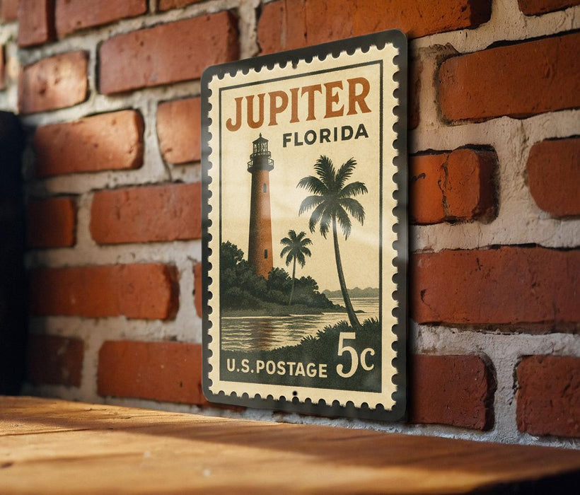 A vintage postage stamp featuring a lighthouse and palm trees, mounted on a brick wall.