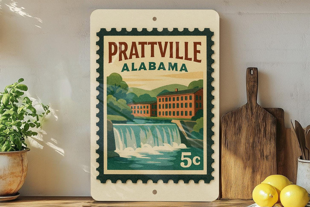 A vintage postage stamp from Alabama featuring a waterfall and buildings, displayed on a shelf next to kitchen utensils and a potted plant.
