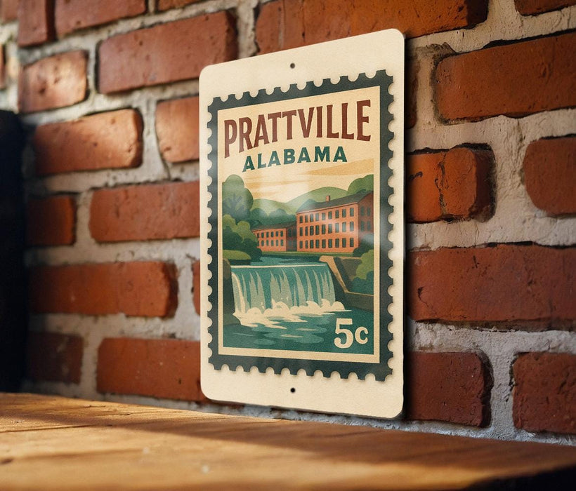 A vintage postage stamp from Prattville, Alabama, featuring a waterfall and buildings, is displayed on a brick wall.