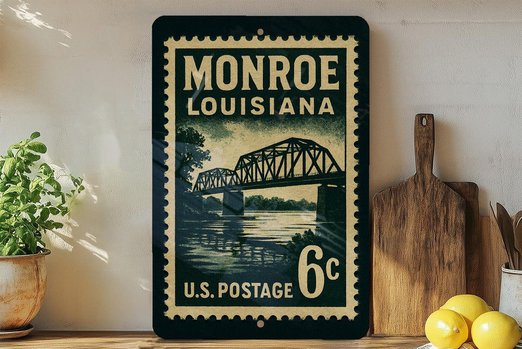 A vintage-style postage stamp from Monroe, Louisiana, featuring a bridge and water, displayed on a shelf next to a wooden cutting board and some lemons.