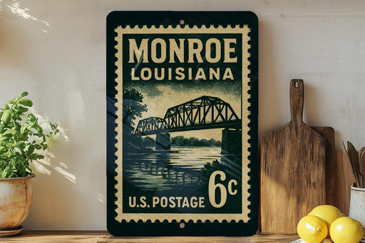 A vintage-style postage stamp from Monroe, Louisiana, featuring a bridge and water, displayed on a shelf next to a wooden cutting board and some lemons.
