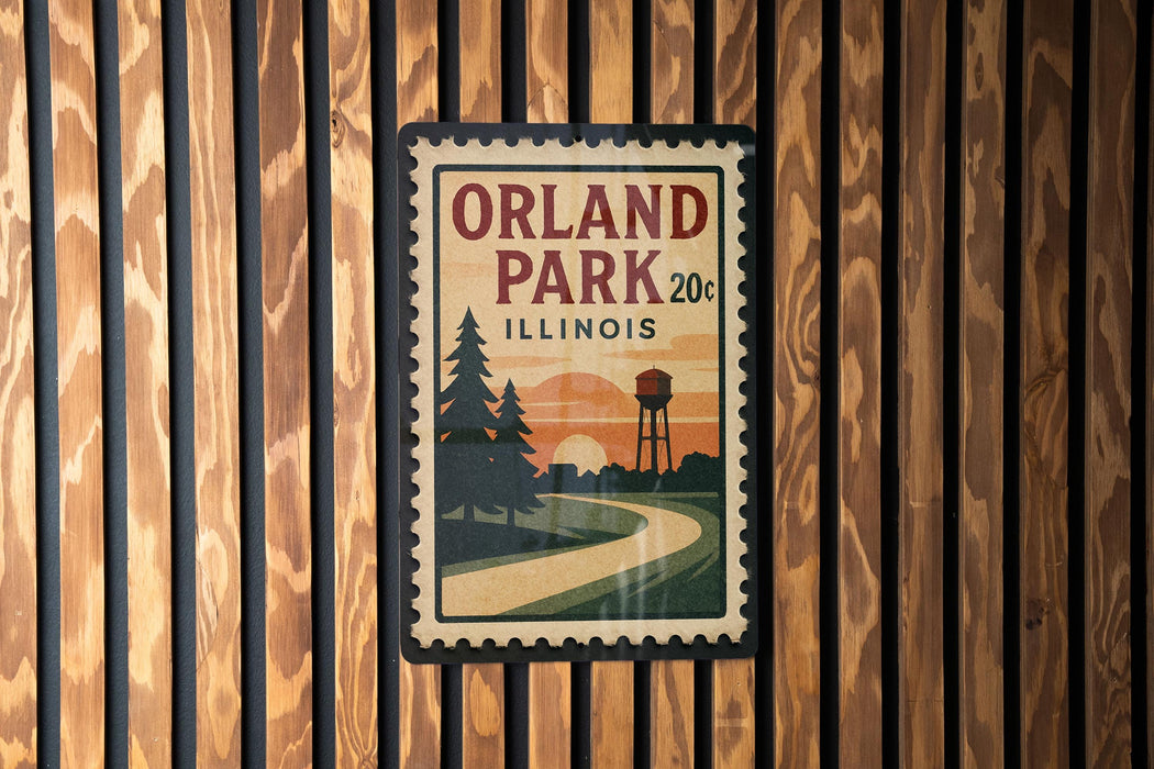 A vintage-style postage stamp depicting a scenic landscape with a winding road, trees, and a water tower, mounted on a wooden wall.