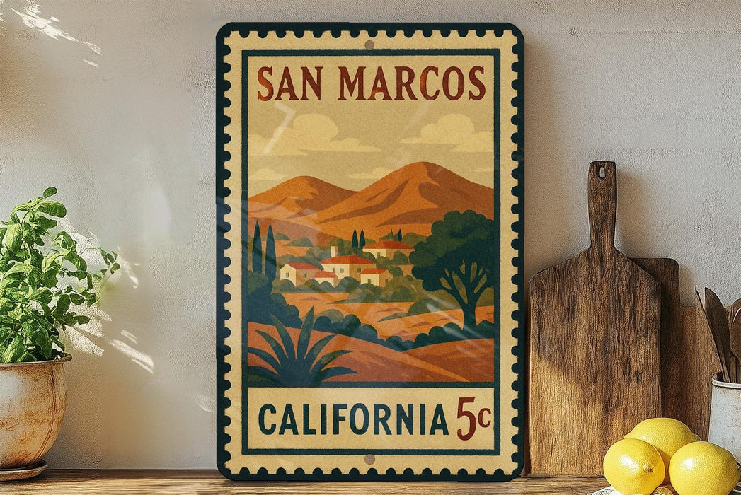 A framed poster of San Marcos, California, depicting a scenic landscape with mountains, buildings, and trees.