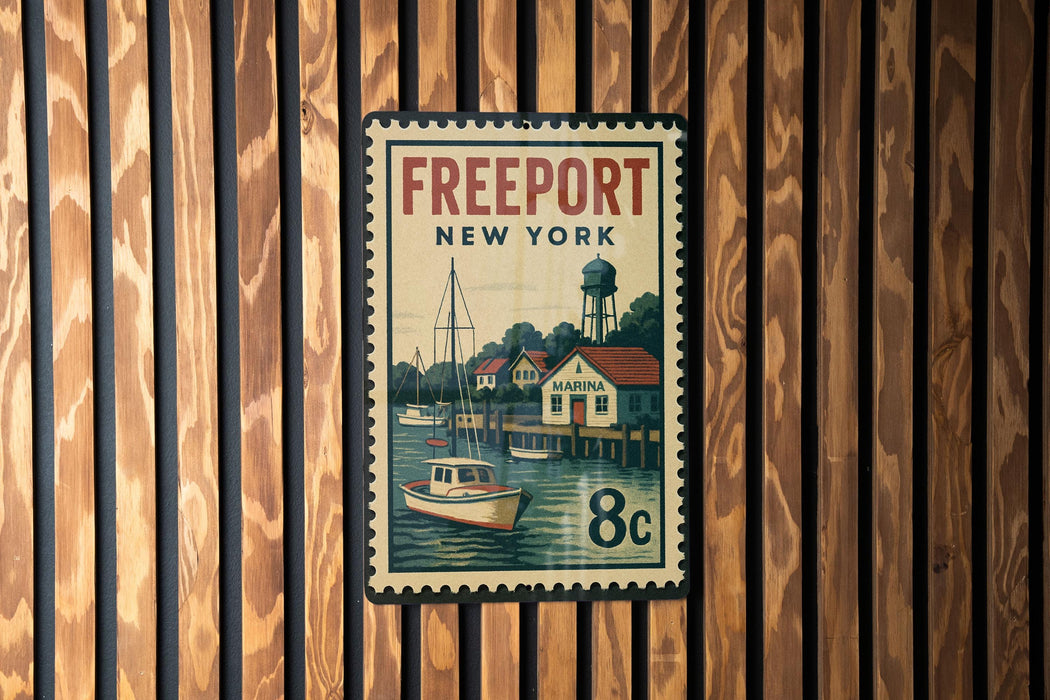A vintage postage stamp from New York featuring a boat on the water and a building with a tower, mounted on a wooden wall.