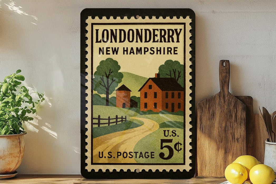 A vintage postage stamp from the United States, featuring a rural scene with a house, road, and trees, is displayed on a wall next to a wooden cutting board and some lemons.