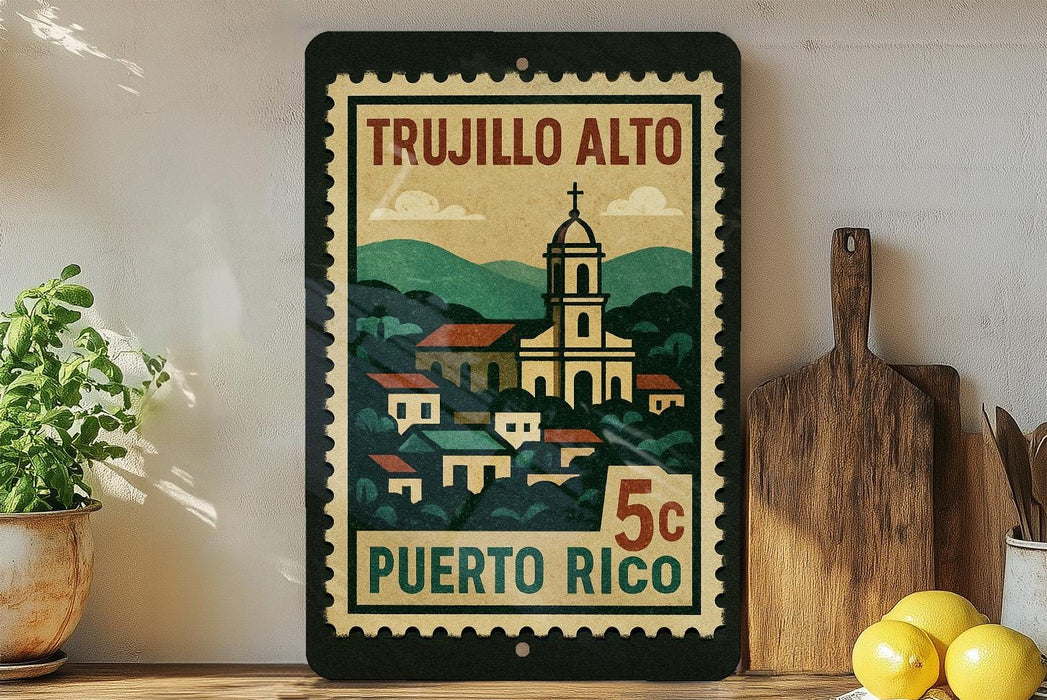 A vintage-style postage stamp depicting a church in Puerto Rico, with a price of 5 cents.