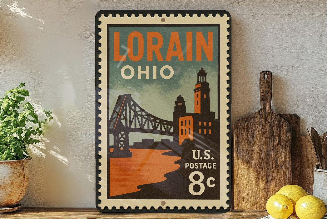 A vintage-style postage stamp from Ohio, featuring an illustration of the Ohio State Bridge, is displayed on a shelf next to a wooden cutting board and some lemons.