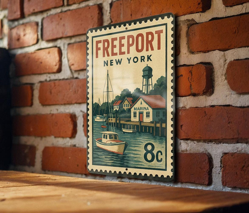 A vintage-style metal sign with the text "FREEPORT NEW YORK" and an illustration of a boat on a river, mounted on a brick wall.