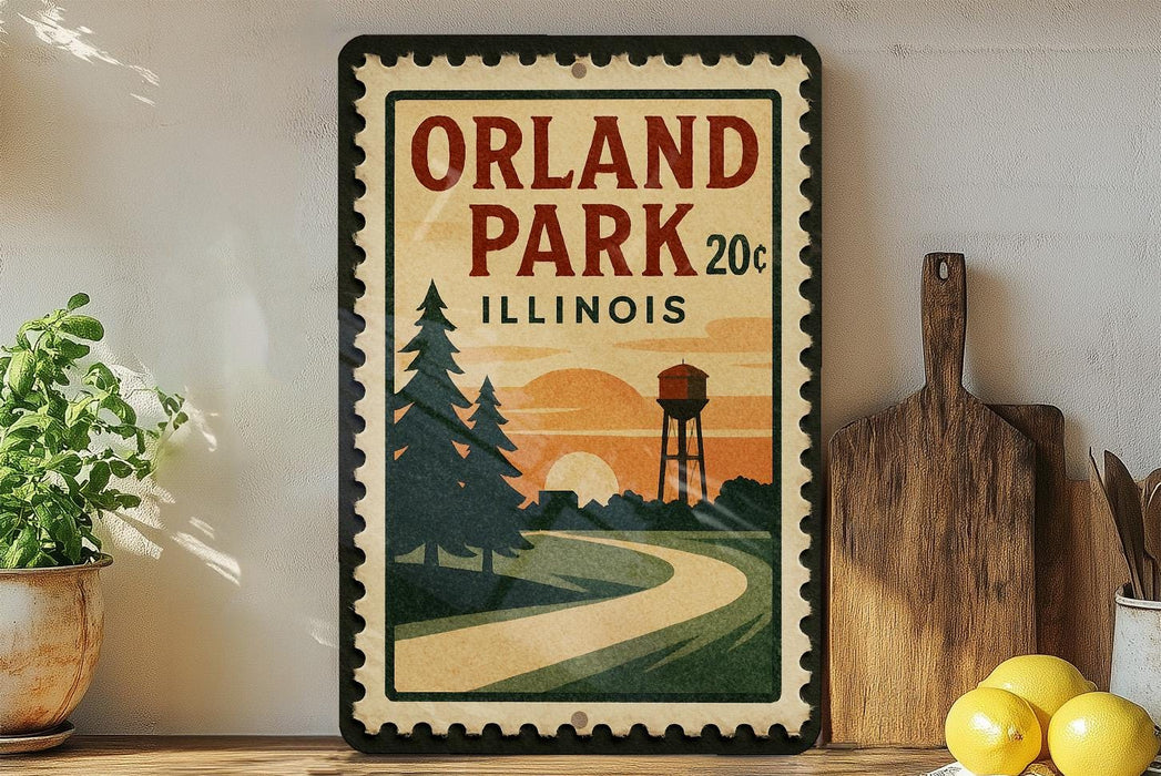 A vintage-style sign for Orland Park, Illinois, featuring a scenic landscape with a winding road, pine trees, and a water tower.
