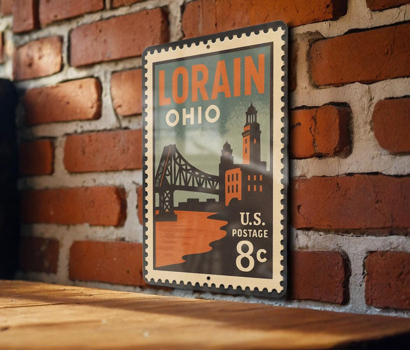 A vintage-style postage stamp from the United States, featuring an illustration of a bridge and buildings, mounted on a brick wall.