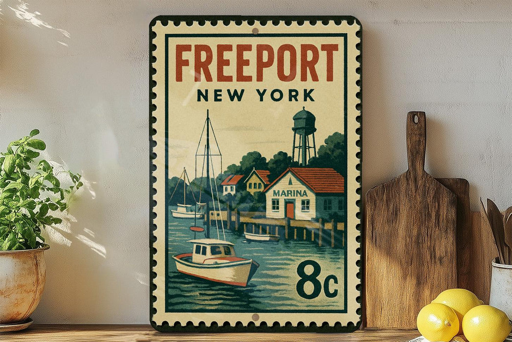 a vintage-style metal sign with a painting of a harbor scene, including boats and buildings, along with the text "FREEPORT NEW YORK MARINA".