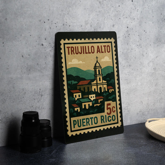 A vintage postage stamp from Puerto Rico depicting a church and a village, with the text "TRUJILLO ALTO" and "PUERTO RICO" printed on it.