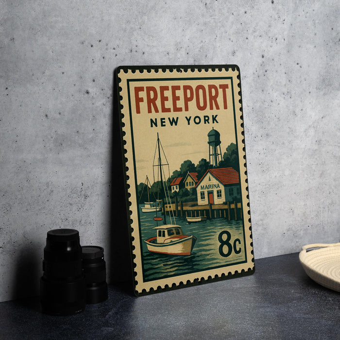 A vintage postage stamp from New York featuring a boat and a building, with the text "FREEPORT NEW YORK MARINA" and "8c".