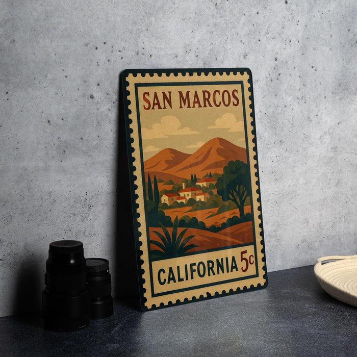 A framed poster of San Marcos, California, depicting a scenic landscape with mountains and buildings.