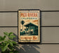 A vintage postage stamp for Pico Rivera, California, with a palm tree and building illustration, mounted on a wall.