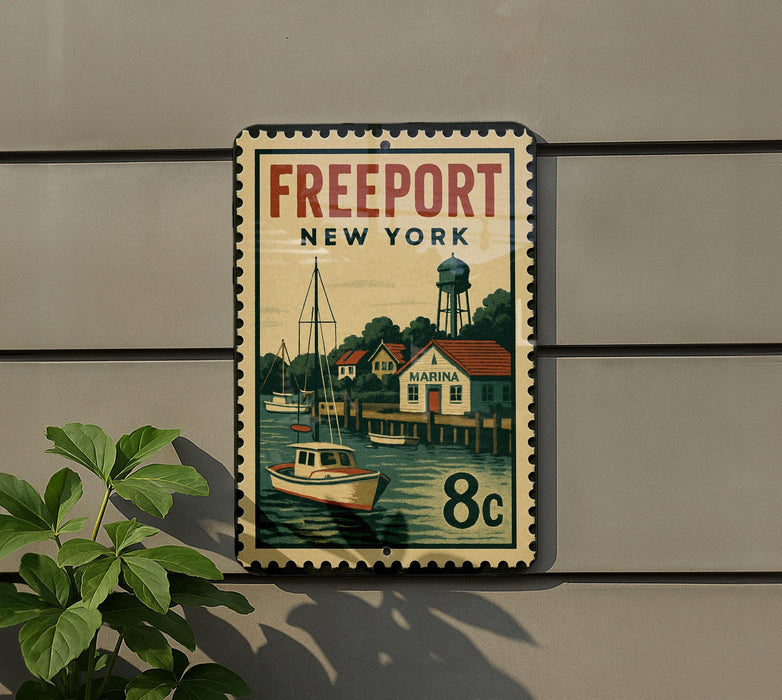 A vintage-style metal sign with a sailboat and a water tower, mounted on a wall.