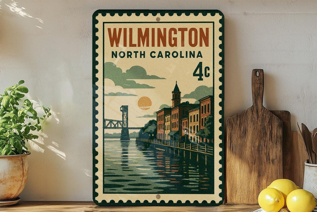 A vintage-style metal sign with a cityscape and a bridge, featuring the text "WILMINGTON NORTH CAROLINA 4c" and a postage stamp design.