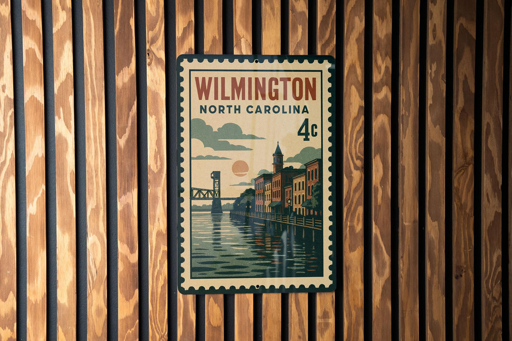 A postage stamp from North Carolina, featuring a cityscape with a bridge and river, is displayed on a wooden wall.