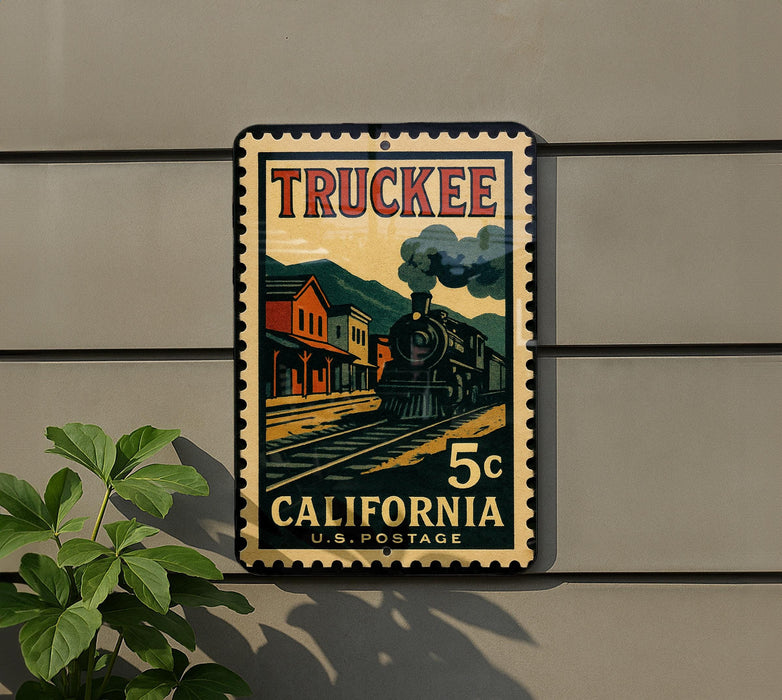 A vintage postage stamp featuring a train on a California railway, with the text "TRUCKEE" and "5¢ CALIFORNIA U.S. POSTAGE" printed on it.