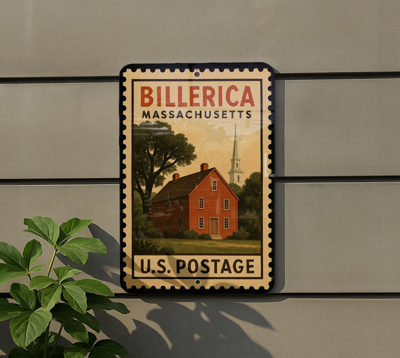 A vintage-style postage stamp featuring a red brick house and a church, mounted on a gray wall.
