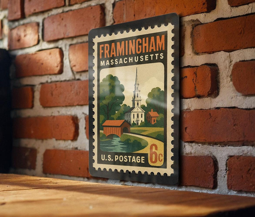 A framed postage stamp from Framingham, Massachusetts, depicting a church and a bridge, mounted on a brick wall.