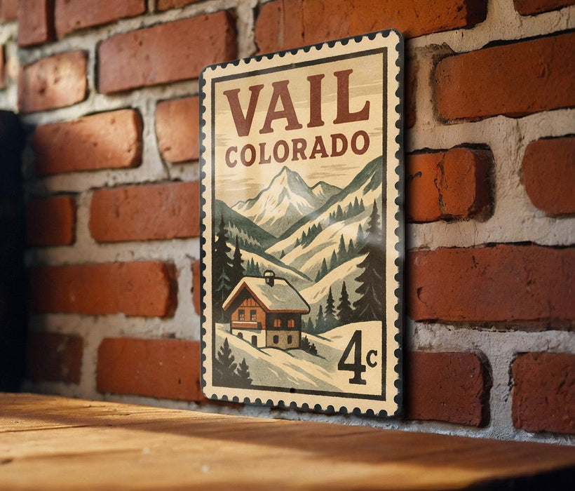 A vintage-style postage stamp from Colorado, featuring a mountain landscape and a cabin, is displayed on a brick wall.