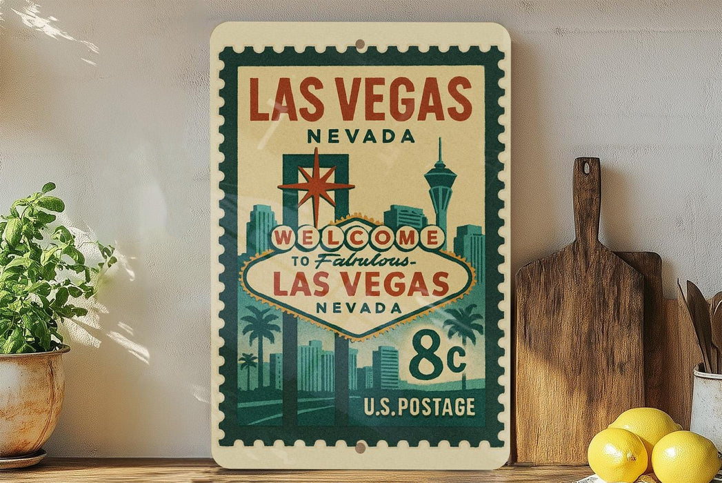 A vintage-style metal sign that reads "Welcome to Fabulous Las Vegas Nevada" with a price of 8 cents, placed on a wooden surface next to a wooden cutting board and some potted plants.