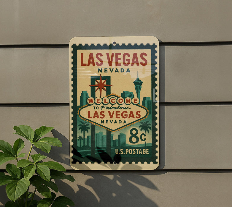 A vintage-style sign for Las Vegas, Nevada, featuring the iconic Las Vegas Strip and welcoming visitors to the city.