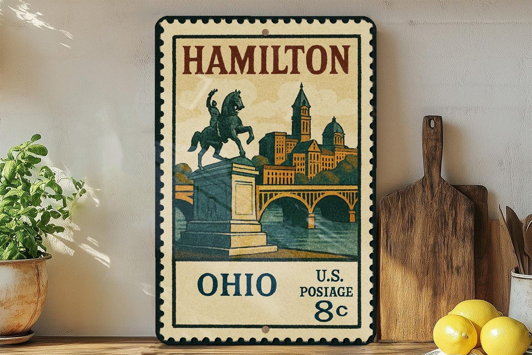 A metal sign with a vintage-style illustration of a horse and rider, depicting a cityscape, is displayed on a shelf next to a wooden cutting board and some lemons.