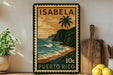 A vintage-style stamp depicting a tropical beach scene with a palm tree, ocean waves, and a cliff, placed on a shelf next to a wooden cutting board and a potted plant.
