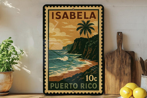 A vintage-style stamp depicting a tropical beach scene with a palm tree, ocean waves, and a cliff, placed on a shelf next to a wooden cutting board and a potted plant.