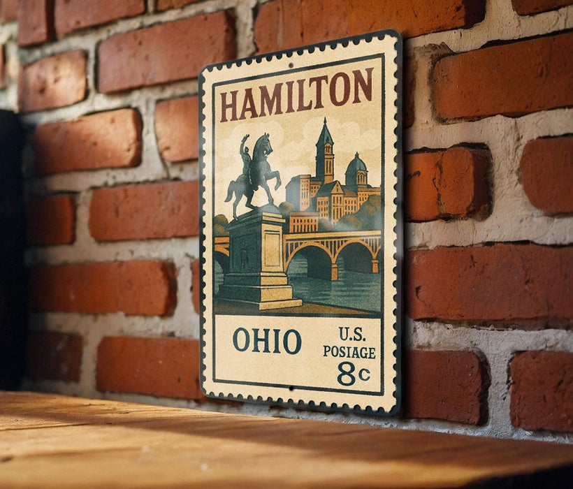 A vintage-style postage stamp from Ohio, featuring a cityscape and a horse statue, is displayed on a brick wall.